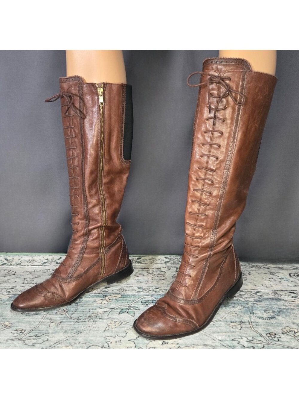 2000s Zara Brown Leather Lace Up Knee High Flat Boots Size 39 Victorian Boho